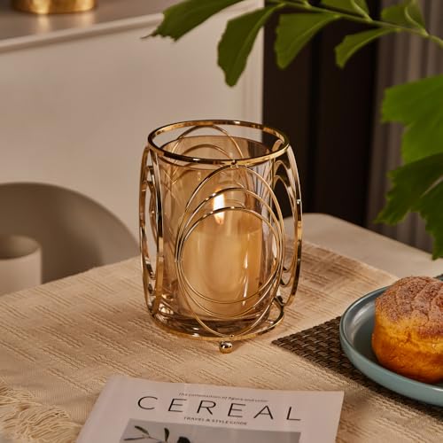 Gold Hurricane Candle Holder with Metal Frame, Windproof Thickened Glass Lid & Geometric Cutouts for Weddings, Parties, Home Decor - size: Large