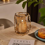 Gold Hurricane Candle Holder with Metal Frame, Windproof Thickened Glass Lid & Geometric Cutouts for Weddings, Parties, Home Decor - size: Large