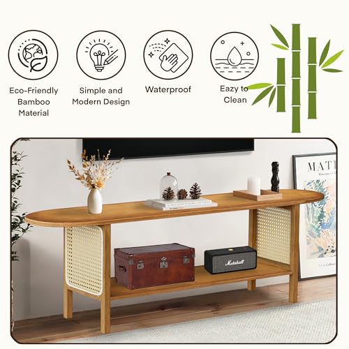 Bamboo TV Stand for TVs up to 65", Accent Entertainment Center with Storage, Media Console Table with Rattan, Modern TV Stand for Living Room, Bedroom, 55"(L), Walnut - color: Walnut Rattan