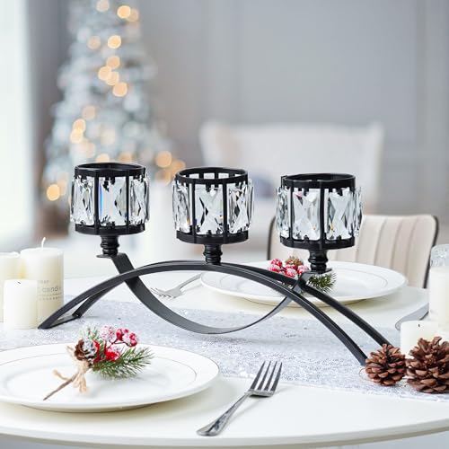 4 Pcs 3-Arm Crystal Tealight Candle Holders, Elegant Metal Arch Candlestick Centerpiece for Wedding, Party, Dining Room Table Decorations, Anniversary (4, Black-3 Arm) - size: Black-3 Arm