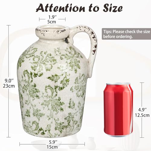 Ceramic Rustic Farmhouse Vase, 9 inch Ceramic Green and White Vase for Centerpieces Pampas Grass Pottery Jug with Handle Boho Chinoiserie Decor Vintage Vases for Living Room Kitchen Dinner Table Shelf - color: Light Green and White