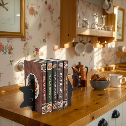 Cat Book Ends Decorative Metal Bookends for Shelves Black Cute Book Holders for Desk