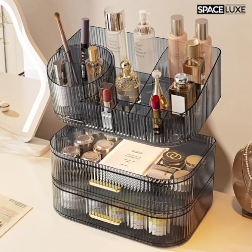Makeup Organizer with Drawers and 360° Rotating Brush Holder, Large Capacity Cosmetic Storage for Vanity, Skincare, Perfume, Hair Accessories, Lipstick & Jewelry (Transparent Gray, 3-layer) - color: Transparent Gray, size: 3-layer