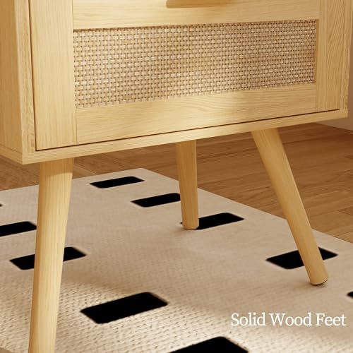 JOONEE Rattan Nightstand,Farmhouse Bedside Table with 2 Storage Drawer and Open Wood Shelf, for Bedroom and Small Spaces,Night Stand with Solid Wood Legs (Yellow Oak) - color: Yellow Oak