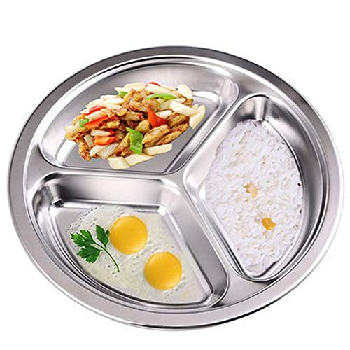 304 Stainless Steel Sectioned Dinner Plates Set of 2 Divided Plates 11 inches with 3 Compartments Mess Trays Food Plate for Adults, Campers, and for Portion Control Metal plate - size: 11 Inch (3 Sections)