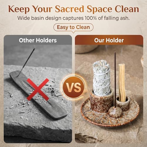 Palo Santo Sticks Holder, Multi-Purpose Handmade Ceramic Incense Burner for Palo Santo Incense Sticks, Sage Holder for Burning, Ash Catcher Tray for Meditation Yoga Room-Brown White - color: Brown White