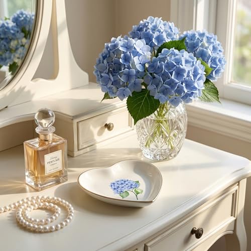 AnyDesign Hydrangea Flower Ring Dish Heart Shaped Ceramic Jewelry Tray Watercolor Blue Floral Trinket Dish for Spring Women Birthday Wedding Engagement Bridal Shower Party Supplies
