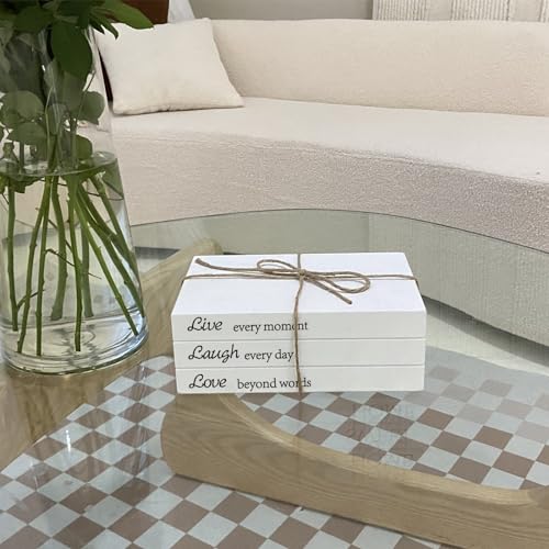Decorative Books for Home Decor, White Faux Books for Decoration, Rustic Farmhouse Stacked Display Books with 52in Wood Bead Garland for Coffee Tables Living Room, (Live Laugh Love) - style: Live Laugh Love