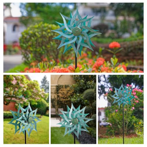 Viveta Metal Wind Spinners,53.5" Kinetic Wind Sculptures,Green Garden Pinwheels Double Layer Windmill for Outdoor Patio Lawn Yard - color: 2-green
