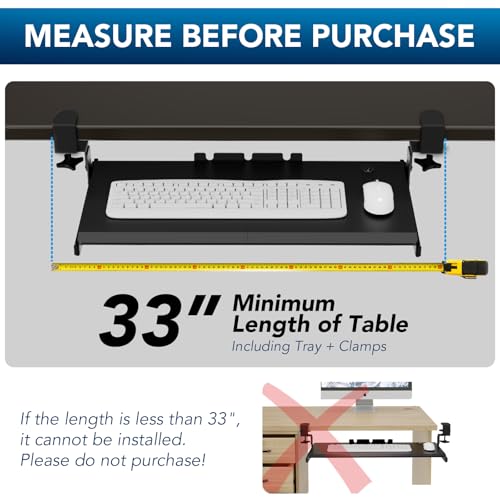 AX WABER Keyboard Tray Under Desk Pull Out with Extra Sturdy Adjustable C Clamp Mount System, 27.3 (32.5 inch Including Clamps) x 11 Inch Slide-Out Platform Computer Drawer for Typing, Black,AX01WB01 - color: Black, size: 32.5"x 11”Keyboard Tray