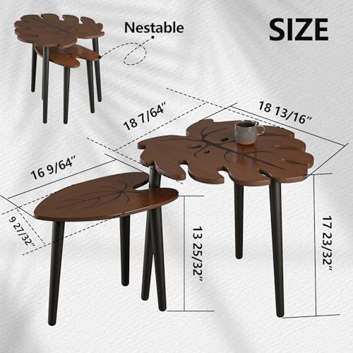 BAMEOS Monstera Leaf Nesting Tables Set of 2, Small Side Tables f Set with Leaf Vein Pattern, Modern Wooden CoffeeTables for Living Room Bedroom Apartment Balcony Yard - color: Monstera