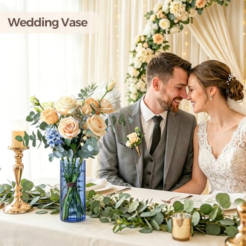 ComSaf Glass Cylinder Vases, Bud Vase for Centerpieces, 8 Inch Tall Ribbed Vase Hurricane Floating Candle Holder, Decorative Flower Vases for Wedding Reception, Home Decor, Housewarming Gift (Blue) - color: Blue