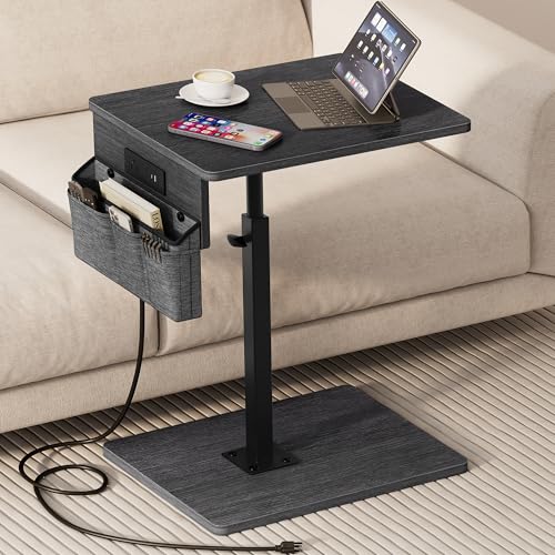 Vagusicc Sofa Armrest Tray Table for Couch - 360° Swivel Height Adjustable Side Table for Small Spaces, Snack Side Table for Bed or Chair, C Shaped End Table Snack Table for Eating Dinner Laptop - color: Gray Walnut, style: With Plug+Storage Bag