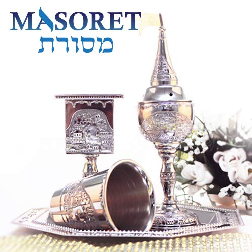 Nickel Havdalah Set with Jerusalem Theme – Set 4 Parts, Kiddush Cup, Havdalah Candle Holder, Besamim Spices Holder and Plate - color: Nickel Havdalah 9.2 Inch
