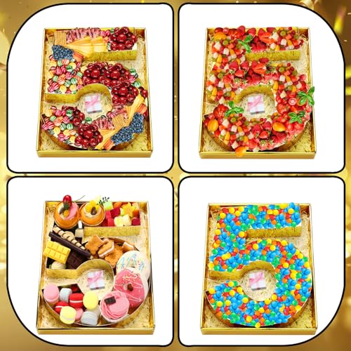SiliFine 12" Charcuterie Number Shaped Mache with Clear Lid Fillable Sweets Serving Trays Paper Mache Cupcake Candy Box for 2025 Graduation Party Graduation Celebration(Gold,Number 5) - color: Gold, style: Number 5