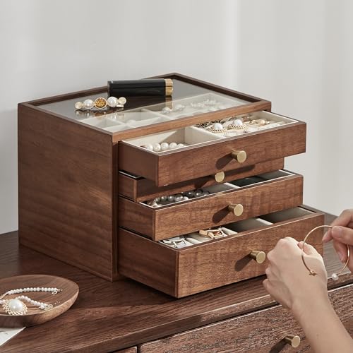 CHOSIN Black Walnut Jewelry Box for Women, 4-Layer Wooden Organizer with Glass Lid, for Watches, Necklaces, Rings & Earrings Storage Christmas Gifts - style: 4 Layer A