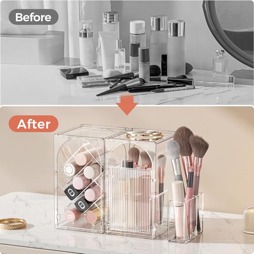 INVSSENE Stackable Makeup Organizer Countertop, Storage Perfume Skincare Cosmetic Lipstick Face Mask Makeup Brush Palettes, Ideal for Vanity Bathroom Counter - color: 3513 Clear