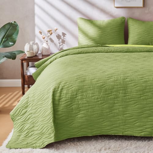 JYHOPE Grass Twin Quilt Set 68x90 Lightweight Microfabric Bedspread, 3-Piece Quilt Bedding with Pillow Shams, Summer Cooling Quilts, Ribbon Wrapped Gift - color: Wood Pattern-grass, size: Twin(68x90)