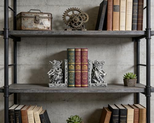 Lion Head Bookends Metallic Silver Design, Solid Resin for Heavy Duty Book Support, Non-Slip Pads for Stability, Gift for Lion Enthusiasts Collectors - color: Metallic Silver