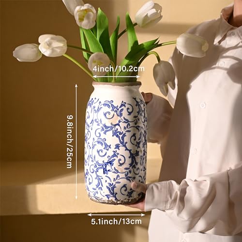 VICTOR & TERESA Rustic Large Blue and White Vase for Home Decor, 10'' Tall Ceramic Vases for Flowers, Farmhouse Decorative Vases for Pampas Grass,Table, Mantel, Living Room, Centerpieces - color: Blue and White, size: Large-10''