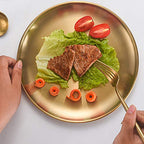 Stainless Steel Gold Plates 13.5 inch Metal Lightweight Unbreakable Dinner Dishes Plates 2 Set Large Round Serving Camping Plates for Picnic,Outdoor - Shatterproof Dishwasher Safe - size: Gold 13.5 Inch