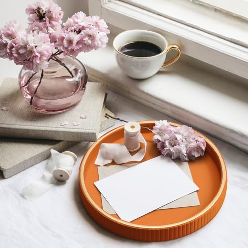 SANZIE Leather Tray Desktop Storage Organizer Premium Serving Tray Decorative Trays Valet Trays for Sundries Cosmetics Phone Wallet Cutlery (Orange Holder with Disc)