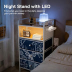 YCY Night Stand with Charging Station, LED Nightstand with USB Ports and Outlets, Metal Frame Side Table with 3 Fabric Storage Drawers, End Table for Bedrooms Living Room,White and Blue