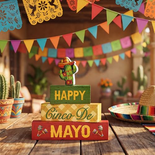 Smile Happy Cinco De Mayo Wooden Block Stack with Cactus Decor, Mexican Fiesta Tiered Tray Tabletop Sign for Cinco De Mayo Party Decorations - style: Cactus