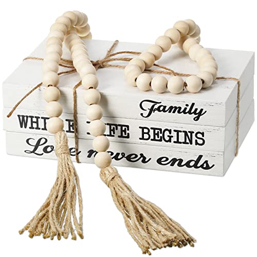 Jetec 3 Pcs Decorative Display Books Hardcover White Home Decor Coffee Table Faux Farmhouse Stacked Fake Decorative Books with Wood Bead Tassels for Shelves Kitchen, 58 Inch, Family Where Life Begins - style: Family Where Life Begins