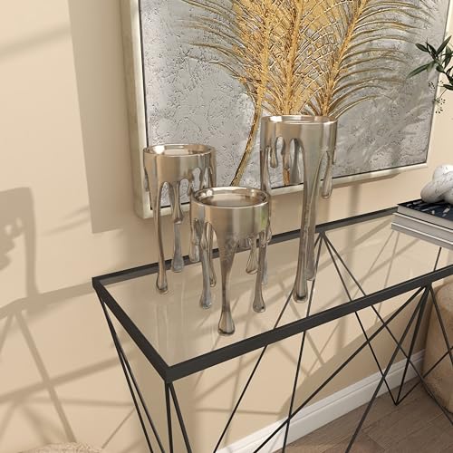 CosmoLiving by Cosmopolitan Aluminum Metal Abstract Decorative Candle Holder Melting Drip Candle Stand, Set of 3 Candlestick Holder 12", 10", 8"H, Silver - color: Silver