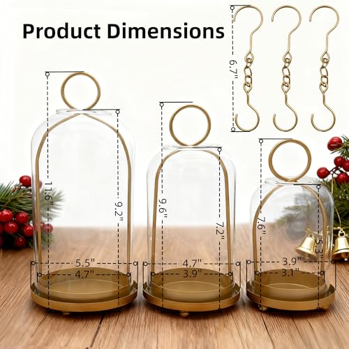 3 Pack Metal Candle Holders with Glass Dome, 5.5" & 4.7" & 3.9" Wide Gold Candlestick Holders Set, Versatile Hurricane Lanterns Candleholders for Pillar Candle, Decorative Glass Display Dome Stands - color: Gold