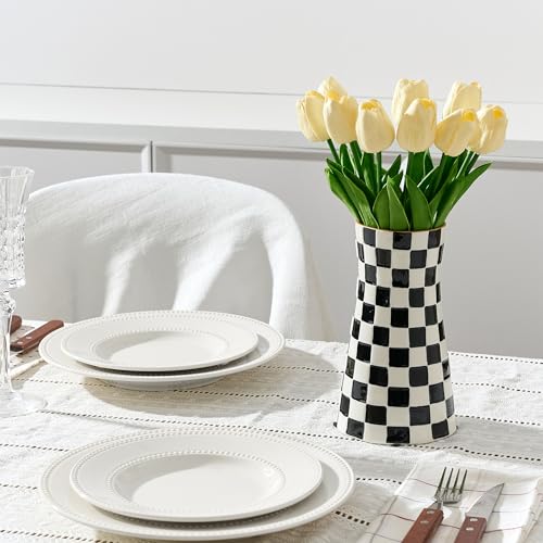 SIDUCAL Elegant Black and White Checkered Pattern Ceramic Vase – Modern Home Décor Flower Vase for Living Room, Office, Dining Room, Shelf, Entryway, Wedding, Table - color: Black and White Checkered