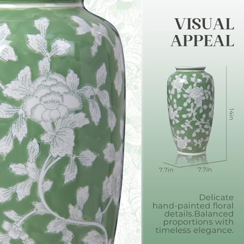Spring Floral Ceramic Vase, Green and White Chinoiserie Vase with Hand-Painted Peony Design, 14 Inch Tall Decorative Vase for Home Decor, Table Centerpiece