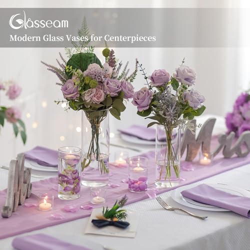 Glasseam Cylinder Glass Vases for Centerpieces: 12 Pack Clear Flower Vase Bulk 4" 6" 8" 10" Hurricane Floating Pillar Candle Holder - Modern Centerpiece for Wedding Dining Home Table Decor