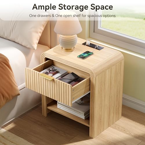 Decofy Fluted Nightstand with Charging Station, Modern Bedroom Side Table with Gold Handles, Curved Profile Design, End Table Wood Organizer for Bedroom, Open Shelf & 1 Drawers (1 Pack, Natural Oak) - color: Natural Oak, size: 1 Drawer( 15.5"D x 17.7"W x