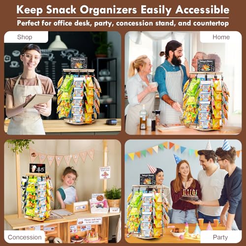 Pinzoveco Chip Rack Display Stand, 5 Tiers 40 Clips Snack Organizer for Office Desk, 360° Rotating Wooden Base Chip Holder Candy Display for Concession Stand, Countertop, Party, With Message Board - color: Rustic Brown
