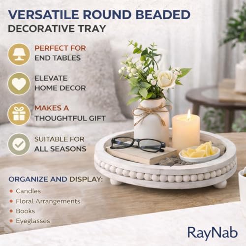 RayNab Farmhouse Round Wooden Beaded Tray – 12" Whitewashed Rustic Decorative Wood Tray for Coffee Table, Kitchen Centerpiece, Ottoman or Serving Snacks