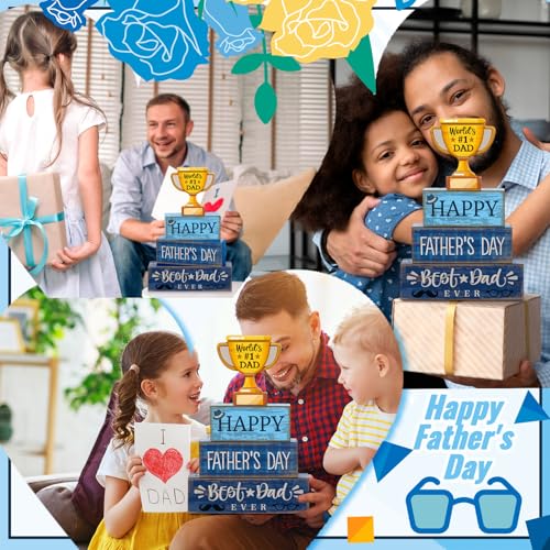 Yuntau 4 Pcs Father's Day Decorations Happy Father's Wooden Tabletop Tiered Tray Decor Rustic Best Dad Ever Trophy Block Table Sign Centerpiece for Farmhouse Shelf Office Birthday Party Gift - style: Father's Day