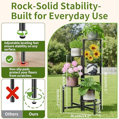 Plant Stand Indoor Outdoor, 5 Tier Corner Metal Flower Display Holder Stand, Folding Tall Plant Rack for Patio Balcony Porch Garden Living Room House, Heavy Duty Wrought Iron Plant Shelf - BlackS - color: BlackS, size: 5-Tiers