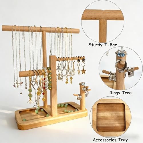 Solid Wood Jewelry Tower Organizer - 3-Tier Tree Holder Stand with 11 Earring Holes, 2 T-bar for bracelets Necklace or watches, Ring Tree & Display Tray (natural wood) - color: natural wood