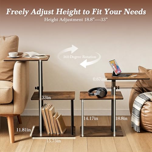 Faesun 360° Swivel Side Table for Height Adjustable, C Shaped End Table for Couch with Storage, 3-Tier Night Stand with Open Shelf, Tv Tray for Small Spaces, Living Room, Bedroom, Rustic Brown - color: Rich