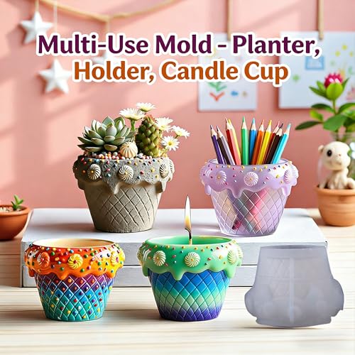 1Pc Rose Flower Silicone Mold 3D Elegant Floral Epoxy Resin Mold for Succulent Planters, Romantic Candle Holders, Pen Cups DIY Hand-Painted Craft Home Decor Housewarming Gifts Art Crafts - color: Ice Cream Cone Resin Mold