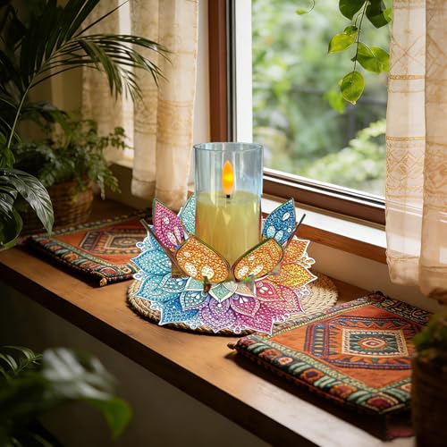 DIY Diamond Art Painting Candlestick Holders 5.71in Mandala Flower Shape Desk Candle Tray Tabletop Ornaments for Wedding Ramadan Party Home Table Centerpiece-Mandala03 - color: Mandala03