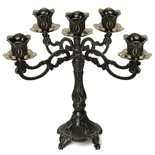 5-Candle Metal Candelabra 10.3 Inch Tall Candlestick Candle Holders for Home Decor Wedding Christmas Church Halloween Party,Bronze Tulip - color: Bronze-tulip
