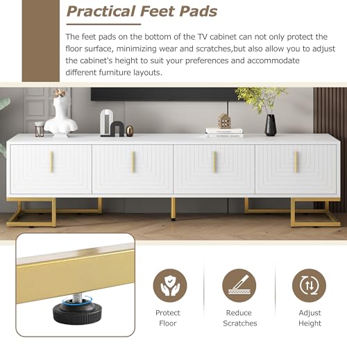 ON-TREND Modern TV Stand with Metal Legs and Gold Handles for TVs Up to 80'', Media Console Table with Cabinets and Adjustable Shelves, Luxury TV Cabinet with Geometric Lines for Living Room, White - color: White+gold1