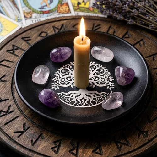 5.5inch Altar Ritual Plate Dish Stainless Steel Flat Bowl Round Metal Jewelry Tray Astrology Tarot Plate Ring Trinket Holder for Smudging Decoration Trays (Tree of Life Black) - color: Tree of Life Black
