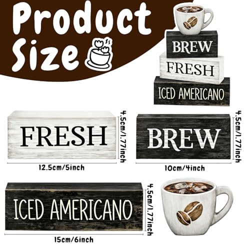 4 Pcs Coffee Bar Decor Wooden Blocks Rustic Farmhouse Sign For Coffee Table Decorations And Shelf Accessories Gift - style: Coffee