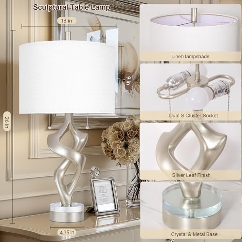 Scenekoy Sculptural Resin Table Lamp Set of 2 with USB Ports for Bedroom Living Room, 26” Antique Silver Leaf Dual Pull Chains Bedside Lamps, Nightstand Lamp for Home Room Decor (Bulbs Included) - size: 26 inches Silver Leaf -028-SL