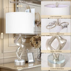 Scenekoy Sculptural Resin Table Lamp Set of 2 with USB Ports for Bedroom Living Room, 26” Antique Silver Leaf Dual Pull Chains Bedside Lamps, Nightstand Lamp for Home Room Decor (Bulbs Included) - size: 26 inches Silver Leaf -028-SL