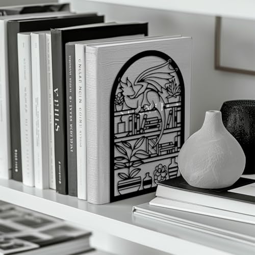 Peacoblue Metal Bookends for Shelves, Modern Decorative Heavy Duty Study Book Support Stoppers for Office, Desk, Shelf, Room 5.3"x4.3"x7.9" Cast Iron Bookends, 1 Pair (Cartoon Dragon and Bookcase) - style: Cartoon Dragon and bookcase